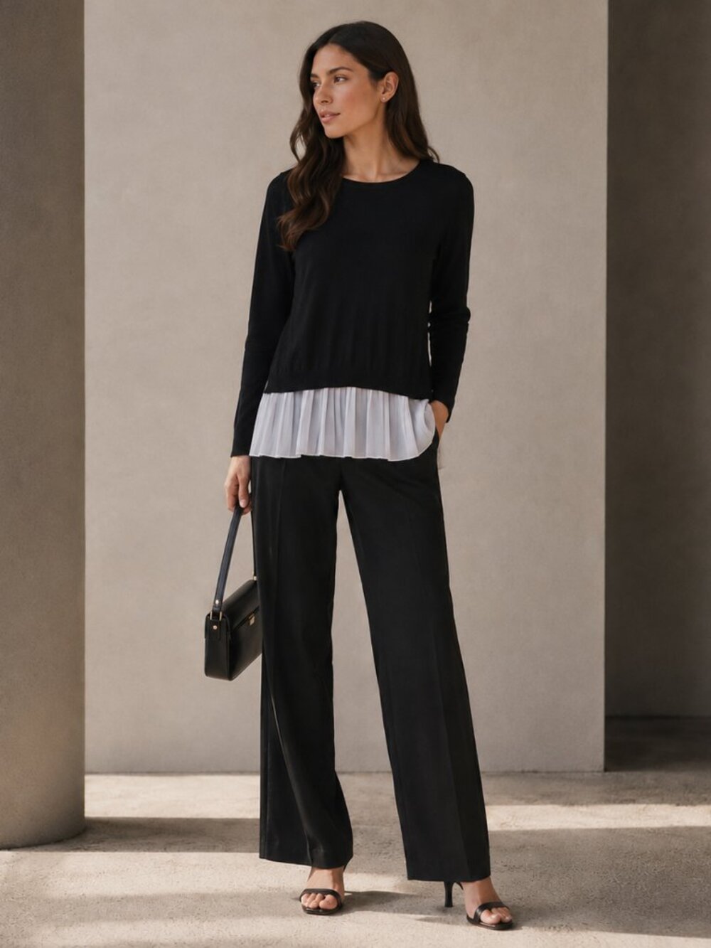 Fever Sweater Top L Black Gray Pleated Hem Layered Look Long Sleeve Knit